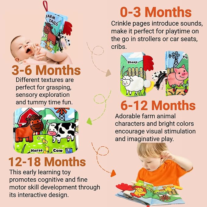 Sensory Baby Books 0-6 Months, Tummy Time Soft Cloth Baby Toys 0-3-4-5-6-7-8-9 6-12 Month Old, Newborn Infant Boy Essentials Gifts Travel Toy Touch and Feel Crinkle Busy Book for Babies Girl