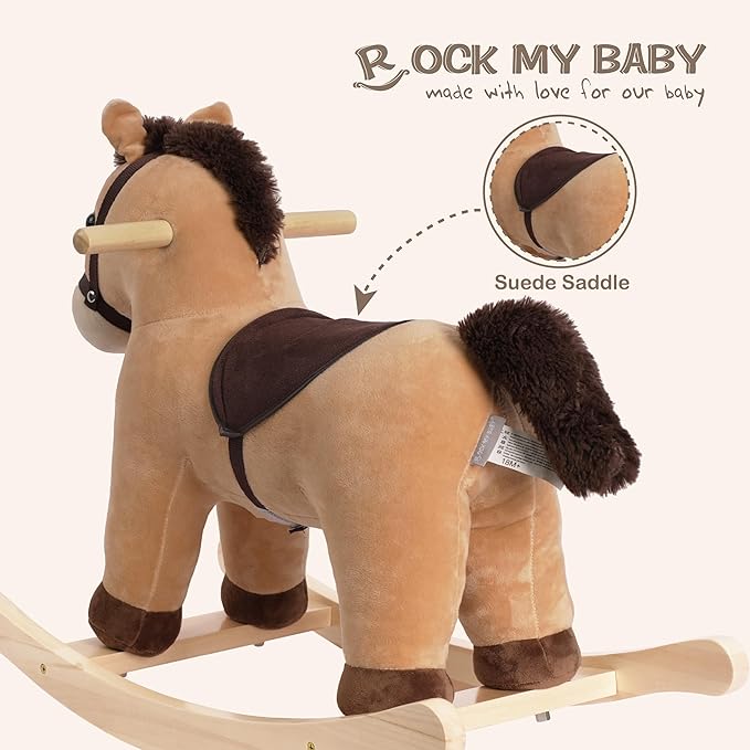 Rock My Baby Rocking Horse, Rocking Animal with Realistic Sound, Stuffed Rocker for Toddlers 18M+, Soft Filling Ride on Pony, Light Brown Horse, CPC Certified