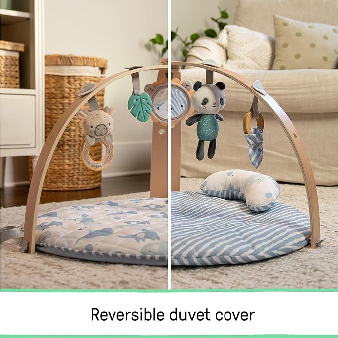 Ingenuity Cozy Spot Reversible Duvet Baby Play Gym & Play Mat with Wooden Toy bar - Elephant March (Neutral Safari), Newborn and up