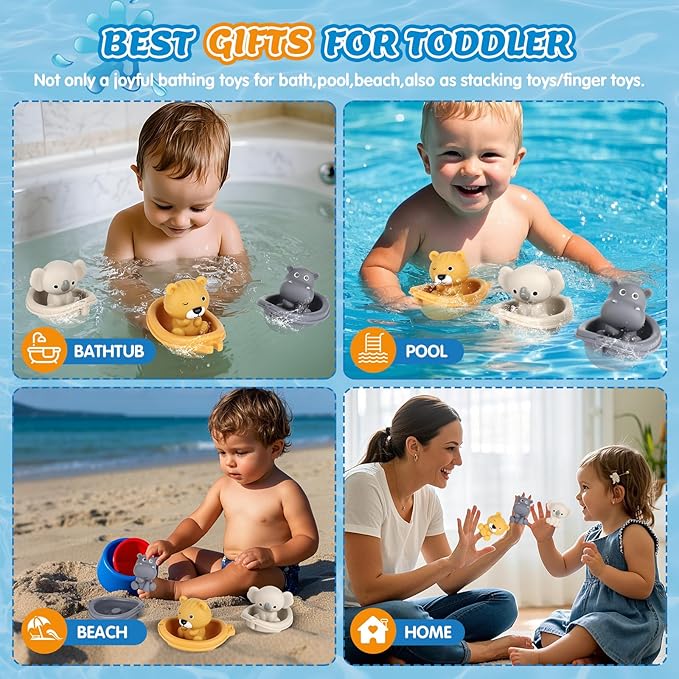 Bath Pool Toys for Toddler, Stacking Toy with 3 Boat 3 Sensory Finger Puppets, Toddler Toys Gifts for 2-4 Year Old Boy Girl, Model B