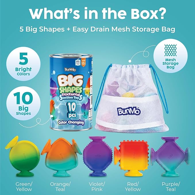 BUNMO Big Shapes Color-Changing Textured Suction Bath Toys for Toddlers 1–3 (10 Pack), Extra Large Silicone Bathtub Toys, BPA-Free Suction Cup Toys, Bath Toys for Kids Ages 1+, Sensory Bath Toys