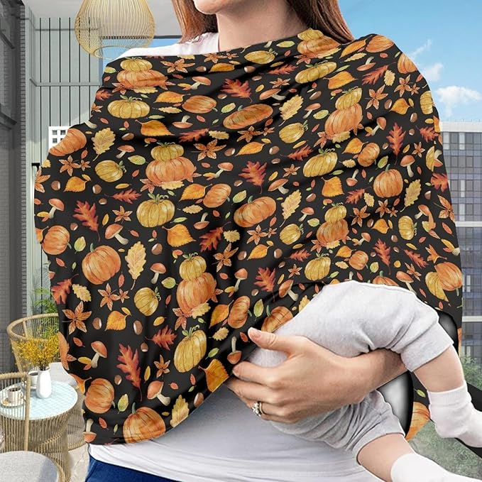 Coldinair Brown Pumpkin Breastfeeding Nursing Cover for Mom Women Soft Privacy Nursing Carseat Canopy Cover Breathable Full Coverage Breast Feeding Infant Wrap Covers Fall Maple Leaf and Mushroom