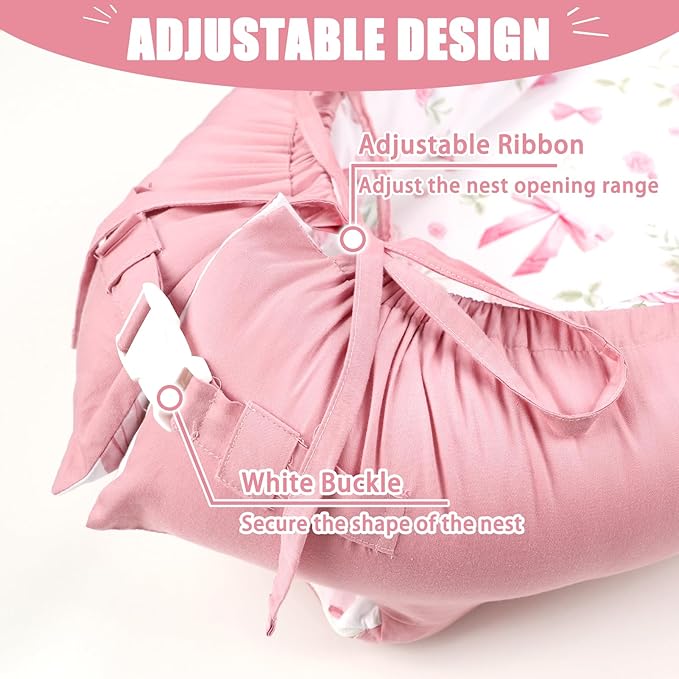 Baby Lounger Cover for Boys Girls, Reversible Baby Nest Cover, Adjustable Baby Lounger Replaceable Cover for Infant Newborn, Portable and Machine Washable, Cotton Pink Rose Cover Only