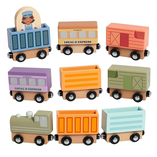 Pearhead Wooden Train Set for Toddlers – 10-Piece Magnetic Train Cars, FSC-Certified Wood, Montessori STEM Toy, Develops Fine Motor Skills, Compatible with Major Brands, Boys and Girls, Ages 2 3 4