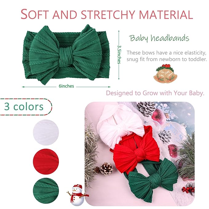 LemonSpace Handmade Baby Girls Headbands Soft Stretchy Nylon Hair Bands Hair Accessories with Bows for Newborn Baby Girls Infant Toddlers Kids (Red Green White-Merry Christmas)