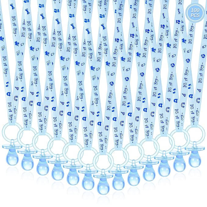 100 Pieces Baby Shower Pacifiers Necklace, Cute Acrylic Pacifier Necklaces for Chupones para Baby Shower Games Charm, Party Favors, Decorations DIY, Gender Reveal Table Scatter(Blue)