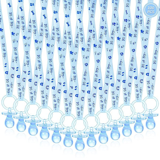 100 Pieces Baby Shower Pacifiers Necklace, Cute Acrylic Pacifier Necklaces for Chupones para Baby Shower Games Charm, Party Favors, Decorations DIY, Gender Reveal Table Scatter(Blue)