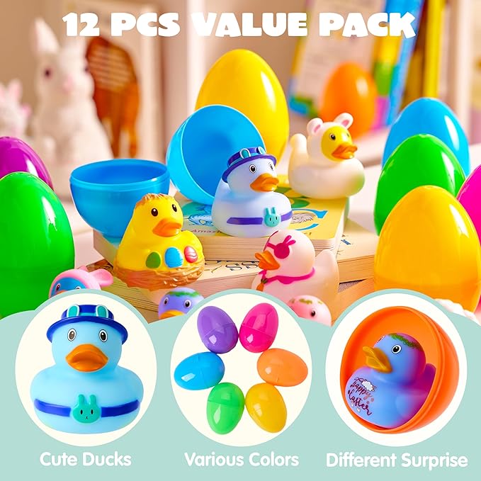Joyin 12pcs Prefilled Easter Eggs with Rubber Ducks, Easter Bath Duckies Basket Stuffers for Toddlers & Babies, Bathtub Toys Easter Egg Hunt, Classroom Prizes for Kids