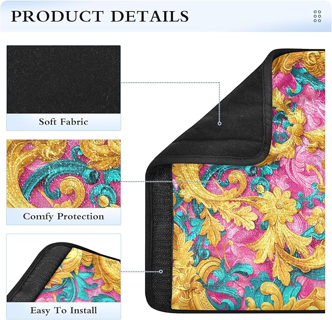 CHIFIGNO Gold Turquoise Pink Flowers Car Seat Belt Covers Pack of 2 Cute Car Seat Belt Cushion Shoulder Pad Auto Interior Accessories Protect Your Neck and Shoulder