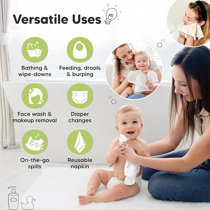 6-Pack Cotton Baby Washcloths for Newborn - Organic Cotton Muslin Soft Wash Cloths for Babies, Infant, Kids,Toddler Towels for Boy,Girl,Super Absorbent Face Cloths,Scratch-Free Baby Rags (Bumbly)