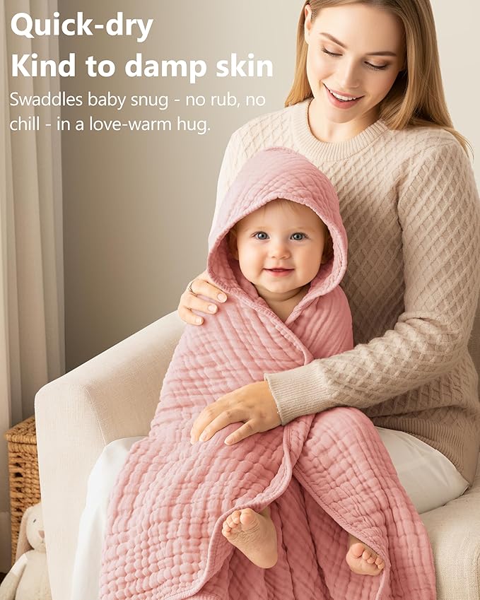 Baby Girl Bath Towels, 100% Muslin Cotton Hooded Baby Towels for Newborn, 2 Pack Baby Towels with Hood for Infant Toddler and Kids, Large 32x32Inch Essentials, Soft and Absorbent Pink Flower