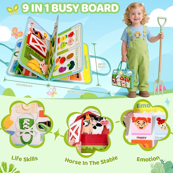 Aurasys Busy Book for Toddlers - Farm Montessori Toys Busy Board for Boy Girl Gifts Educational Learning Activity Book Toddler Airplane Travel Toy Birthday Gift