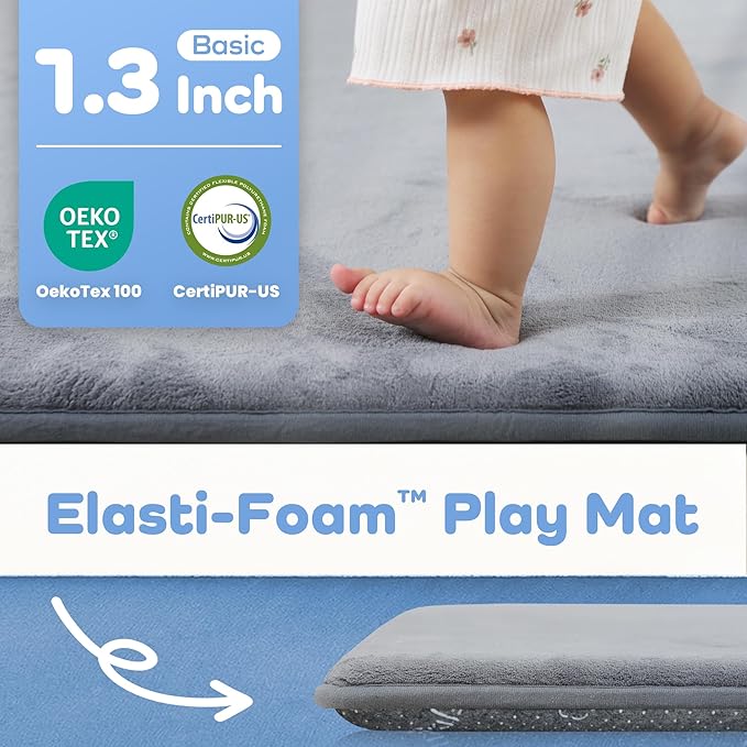1.3" Thick Baby Floor Play Mat 71x79, Basic Padded Foam Mat for Tummy Time Crawling, Non Slip Cushioned for Babies Toddlers Infants Kids (Light Grey)