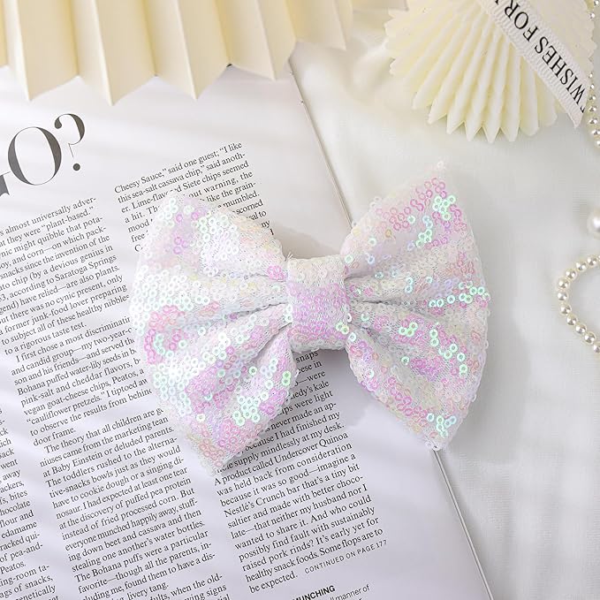 Hair Bow Clip for Girls, 5 inches Sequins Large Bow with Alligator Clip, Hair Accessories for Women Teens Babies Toddlers, White