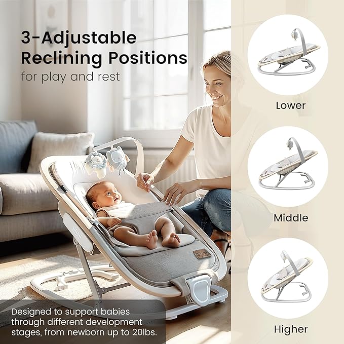 Qutanix 2-in-1 Baby Bouncer & Rocker,Portable Baby Bouncer Seat for Babies 0-9 Months, Baby Rocking Chair with 3 Reclining Positions,Wood Accents,Soft Newborn Insert - Beige