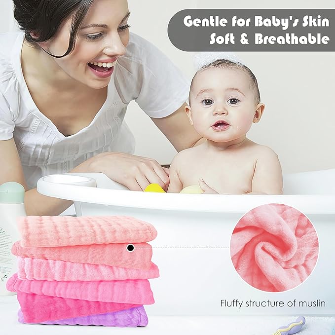 Ease Cubs 12 Pack Muslin Washcloths for Baby - 100% Cotton Baby Wash Cloths for or Baby Face Body Comfy and Soft for Newborn Infants Kids Girls and Boys - 12"x12" - Pink, Purple and Sakura Series