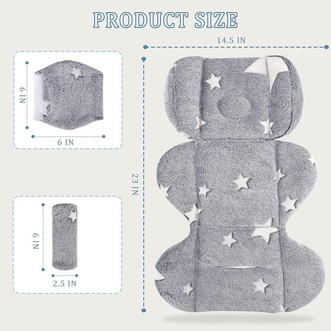 Infant Car Seat Insert Boys Girls, Soft Flannel Baby Head Support & 2 Strap Pads, Preemie Newborn Carseat Cushion Reversible & All Season for Stroller, Baby Swing, Rocker, Bassinets, Bouncer Gray Star