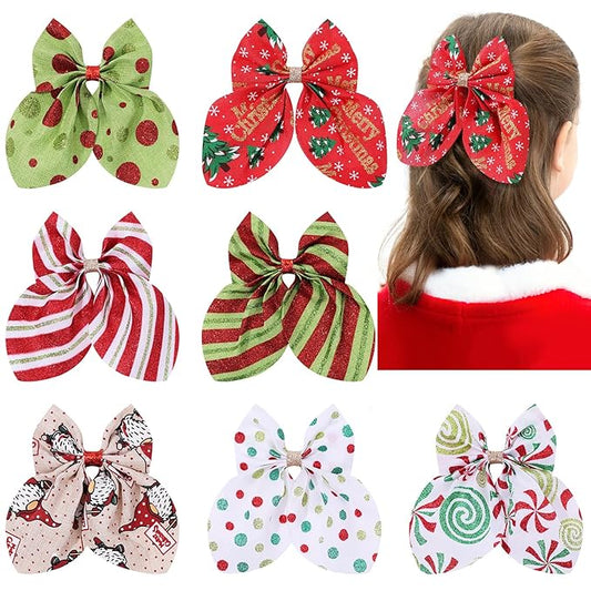 CN 7PCS Christmas Hair Bows for Girls Red Toddler Bows Clips with Christmas Tree Santa Claus Snowman Pattern Xmas Hair Accessories for Kids Party Decorations