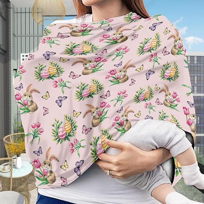 Wanyint Easter Rabbit Butterfly Tulip Pink Baby Car Seat Covers Cute Carseat Canopy for Babies Boys Girls Multi-use Nursing Breastfeeding Covers Nursing Scarf