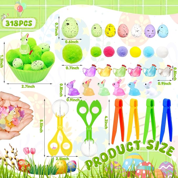 Bbiamsleep 318 Pcs Easter Sensory Bin Filler Fine Motor Skills Spring Sensory Bin Items Counting Sorting Pom Poms Decorations Include Mini Rabbit Figurines for Easter Sorting Counting