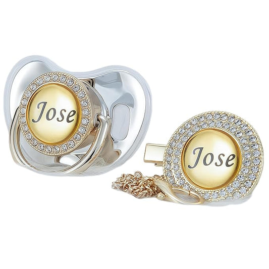 Custom Name Bling Pacifier & Clip Set – Personalized Binky for Baby Shower, Newborn Keepsake for Photos(Silver)