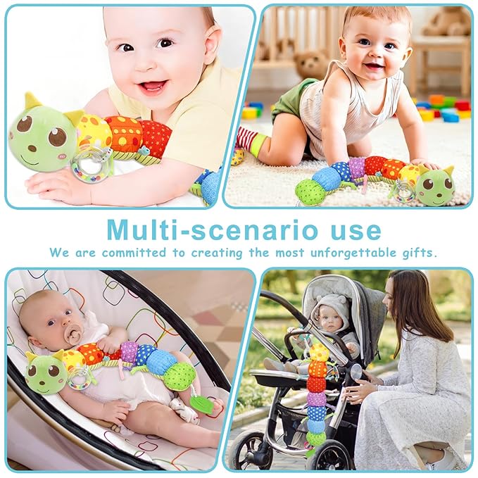 Baby Sensory Toy 0-12 Month with Mirror Crinkle Rattle, Infant Stuffed Plush Caterpillar Toy, Birthday Holiday Present for Newborn Boy Girl 0/3/4/6/7/8/9/12/18 Months Kids Toddler (Green Caterpillar)