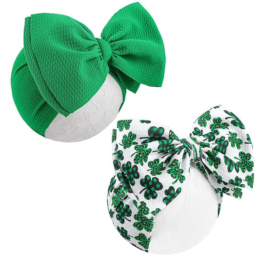 St. Patrick's Day 7 Baby Girl Nylon Hair Accessories: Clover Printed Elastics Bows Headbands for Newborn, Infant, Toddler (Green, 2Pcs)