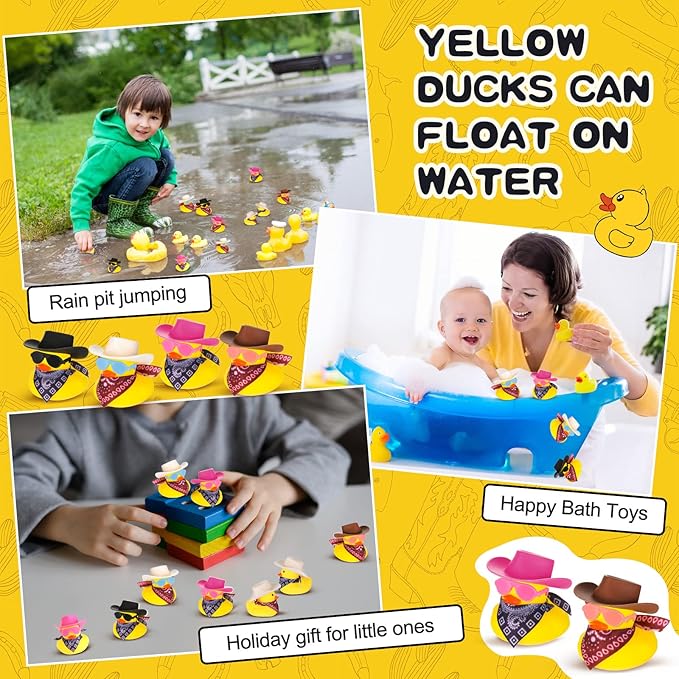 Hanaive 24 Sets Cowboy Rubber Duck Light up Mini Holographic Space Disco Hat Scarf Sunglasses Graduation Light up Bath Toys Bathtub Accessories Baby Shower Birthday Supplies(Cute Style)