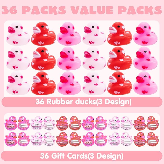 JOYIN 36 Pcs Valentine's Day Mini Rubber Duck With Gift Cards, 1.1 Inches Small Duckies With Card Tags, Bath Toys for Classroom Exchange Prizes, Party Favors