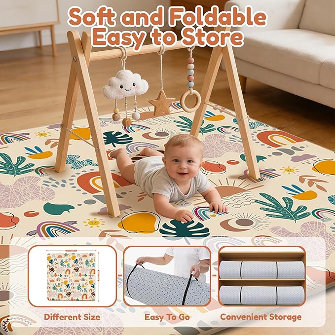 RONGFA Baby Play Mat for Floor, 71'' x 59'' Thicken Foam Padded Playmat for Tummy Time, Playpen Mat for Toddlers Infant Kids, Water-Repellent Coral Velvet, Non-Slip Bottom Safe for Crawling (Boho)