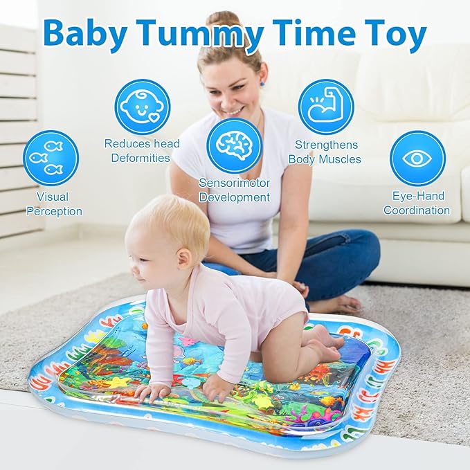 Baby Water Mat Large 37.4"x29.9", Safe Inflatable Tummy Time Water Play Mat for Infants & Toddlers with Climate Pledge Friendly, Newborn Sensory Water Pad for Christmas Gift (Blue)