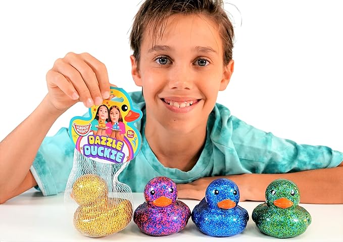 Glitter Rubber Ducks Metallic Colors 3" (1 Unit Assorted) Rubber Duckies Fidget Toy for Kids, Sensory Play, Stress Relief, Stocking Stuffers, Supplies Pinata Filler in Bulk. Plus Sticker. 4343-1