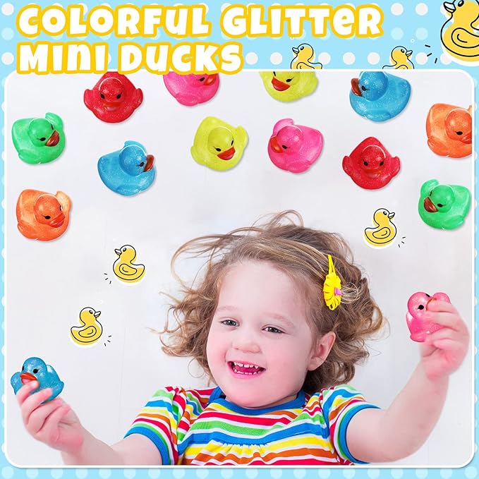 Leitee 24 Pcs Glitter Rubber Duck Assortment Duckies for Kids Colorful Glitter Mini Ducks Neon Color Ducky Bath Toys for Birthday Gifts Baby Shower Decorations Summer Beach Pool Activity Favor 1.6''