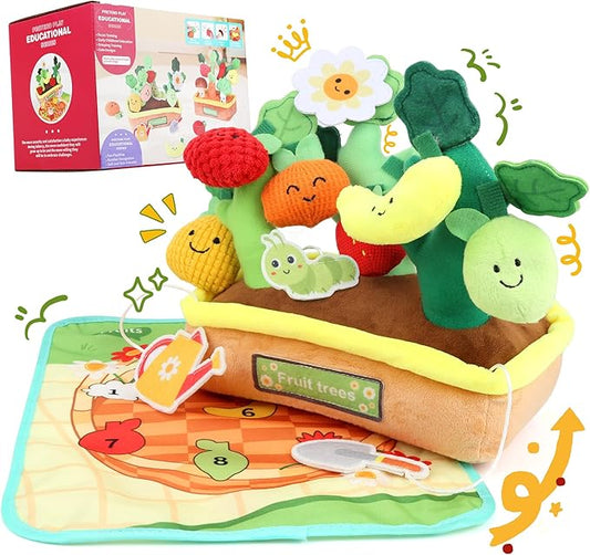 Plush Fruit Tree Toddler Learning Playset for 1 Year Old, Montessori Toys with Rattle Crinkle Textures Velcro, 10 PCS Play Food Toys Color Shape Number Matching Mat Fine Motor Skills Easter Baby Gifts