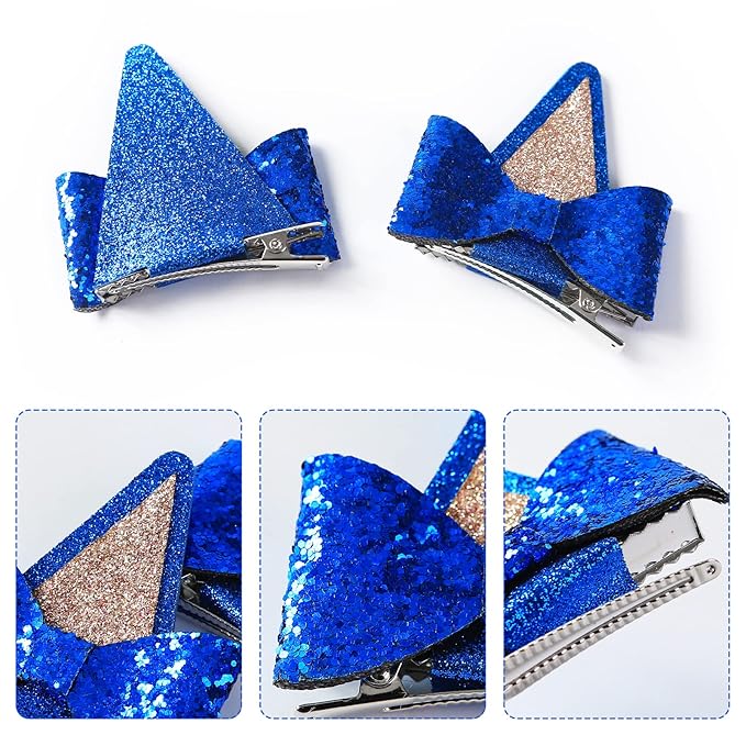 2 Pairs Dog Ears Hair Bow Clips for Toddler Kids Glitter Bows Halloween Costume Accessories Animal Cosplay Birthday Party Supplies Blue Orange