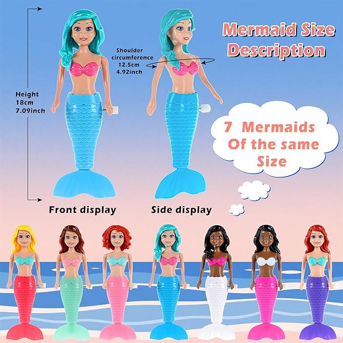dollbie 7-Pack Wind-Up Mermaid Bath Toys for Kids -Toddler Bath Toys for Kids Moving Tail Priness Doll Diverse Hair Colors & Styles Mermaids, Swimming Pool Party Favors