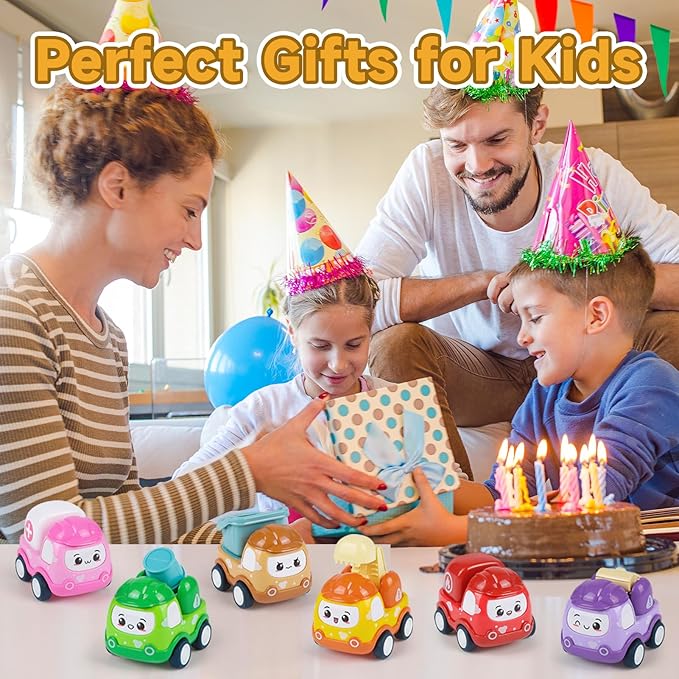 Baby Mini Car Toys for 1 Year Old Boy Gifts, 6 Sets Pull-Back Trucks for Toddlers Age 1-3, Infant Push and Go Friction Powered Vehicles, Early Educational Birthday Gift for 1 2 3 Year Olds Boy Girl