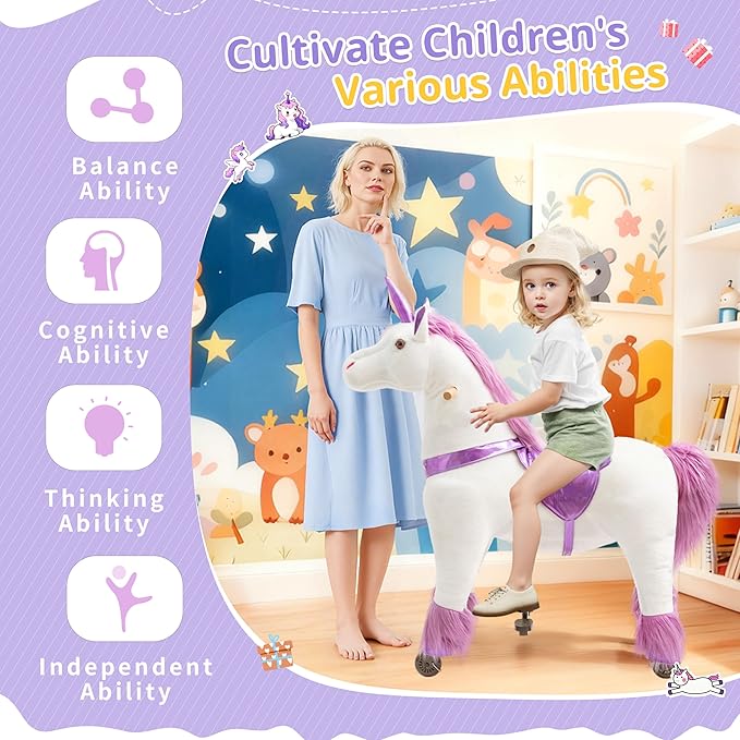 Pipleo Ride on Unicorn Toy for Kids 4 to 9 Years, Unicorn Ride on Toy, Ride on Unicorn Mechanical Plush Animal, No Battery or Electricity, Max Load 165 LBS - Purple