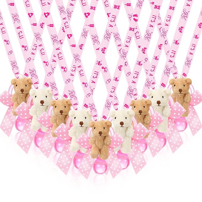 Remuuly 24 Pcs Baby Shower Pacifier Necklaces with Plush Bears Its a Girl Acrylic Pacifier Necklaces for Guest Baby Shower Games Party Favors Gender Reveal Prize Table Scatter Decorations