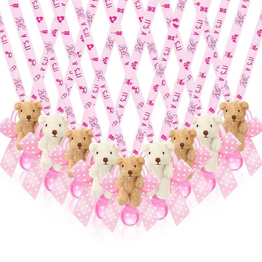 Remuuly 24 Pcs Baby Shower Pacifier Necklaces with Plush Bears Its a Girl Acrylic Pacifier Necklaces for Guest Baby Shower Games Party Favors Gender Reveal Prize Table Scatter Decorations