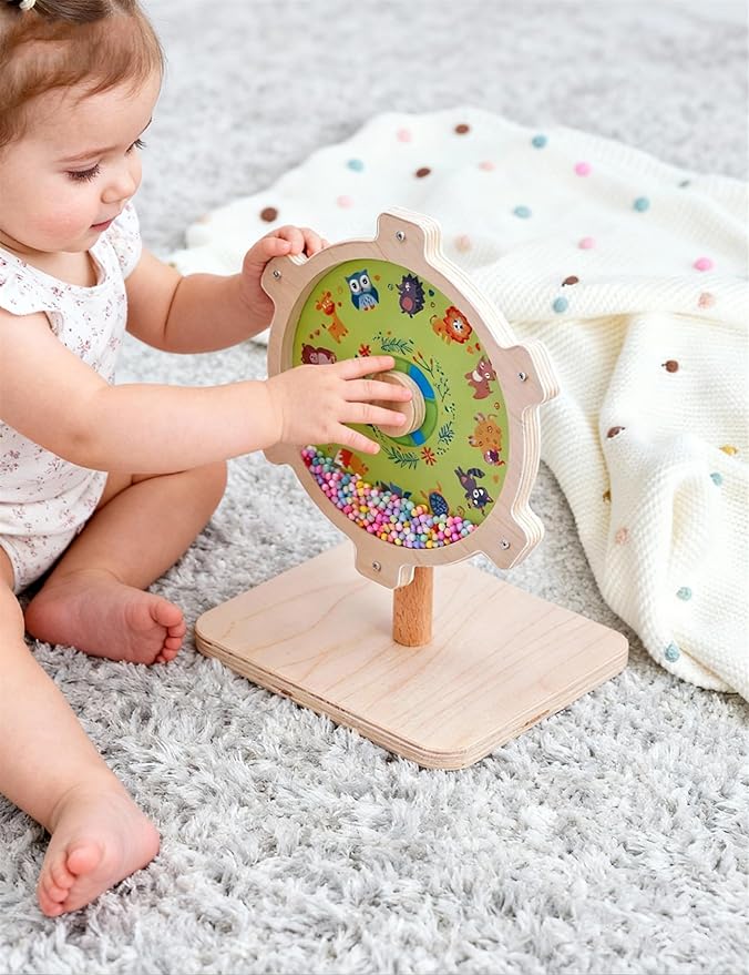 Spinning Activity Drum Toy with Sound, Montessori Wooden Sensory Toy for Babies, Perfect Birthday & Party Gift for 6-18 Months+