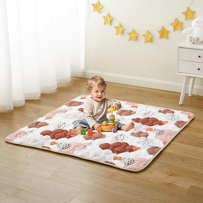 Bunnikins & Clover Baby Play Mats for Floor, 71"x59" Thicken Soft Play Mat for Babies 6-12 Months, Foldable and Non Slip One-Piece Crawling Mat, Washable Foam Playmat for Baby, Tummy Time