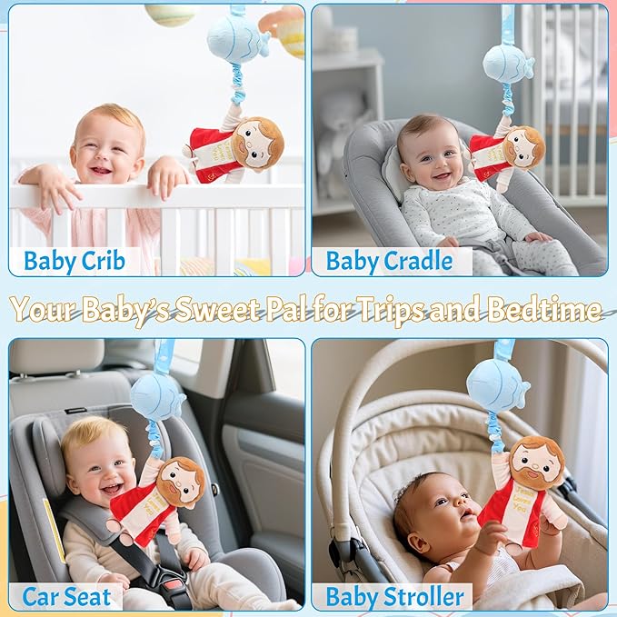 Yelakey Baby Jesus Musical Hanging Plush Toy with Lullaby Music Box Sensory Crib Toy for Newborn Baptism First Birthday Gift