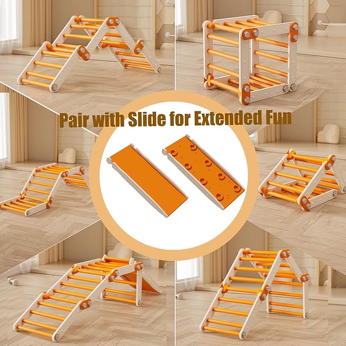Indoor Jungle Gym,Kids Pikler Triangle Set,Multifunction Toddler Climbing Toys Foldable Montessori Play Gym with Slide(Orange)