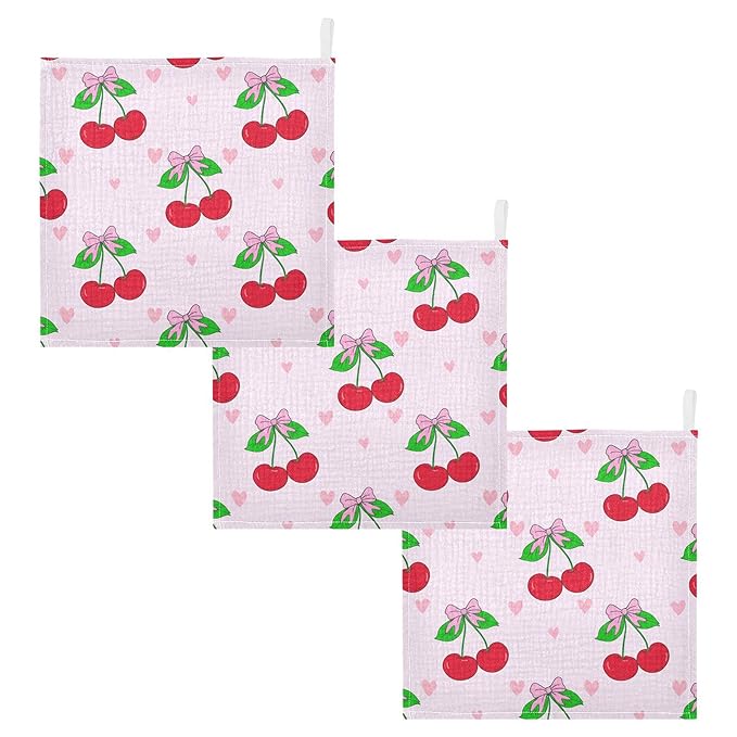Cherry with Bows Baby Washcloths 3 Pack, Cotton Muslin Washcloth Soft Bath Face Towels for Newborn Girls Boys, 12x12 in