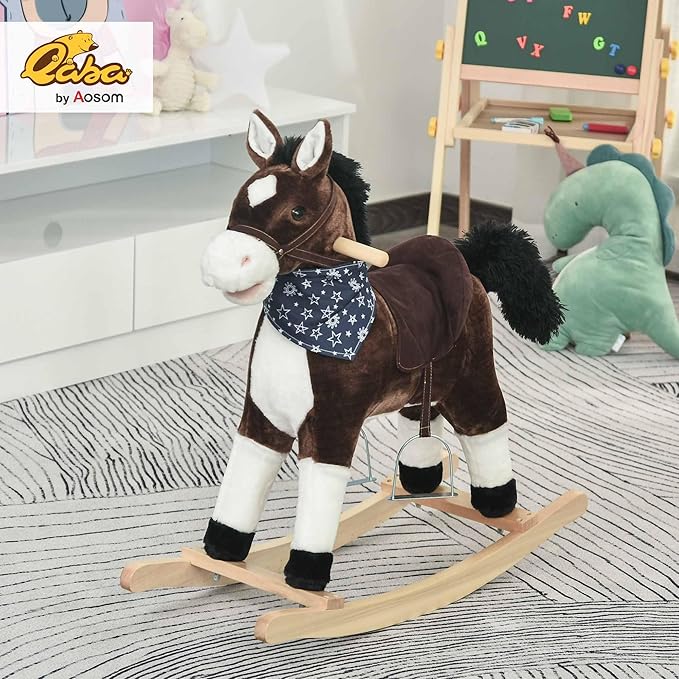 Qaba Kids Plush Ride-On Rocking Horse Toy Cowboy Rocker with Fun Realistic Sounds for Child 3-6 Years Old, Brown