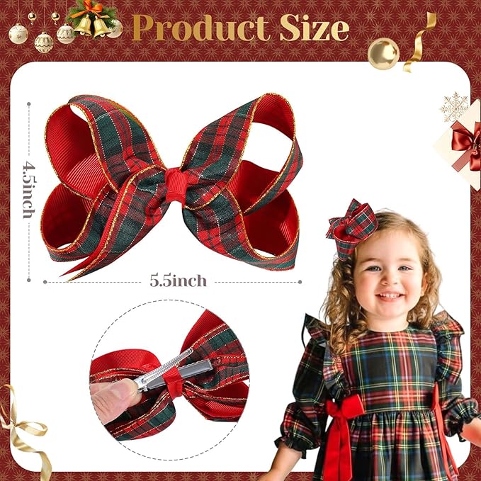 Oaoleer 2PCS Christmas Hair Bows for Girls, Red Plaid Bows Hair Alligator Clips Hair Barrettes for Baby Girls Infants Toddlers Kids Teens Children