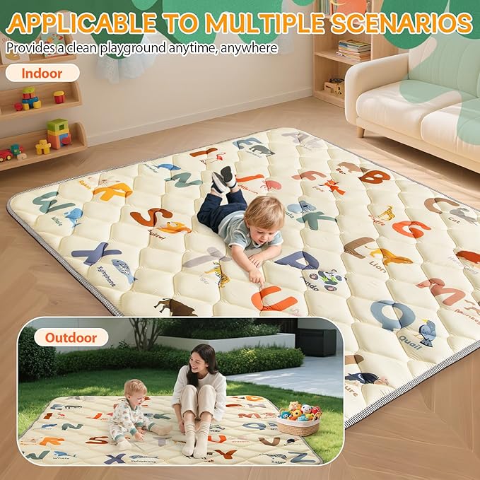 Foam Play Mat - 64x64 Inch Padded Play Mat for Baby - Toddler Play mats for Floor - Thicker Soft Cushioning Playmats - Foldable Washable Baby Playpen Mat, Animals Alphabet Design
