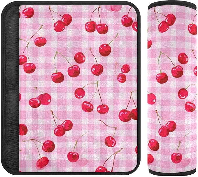 2 Pack Seatbelt Covers Seat Belt Cover Pad for Adults Boys Girls Car Seat Strap Covers Pads Cushion Universal Shoulder Strap Pad Protector for Backpack Camera Bag 10x7.7Inch Pink Juicy Checkered Cherr
