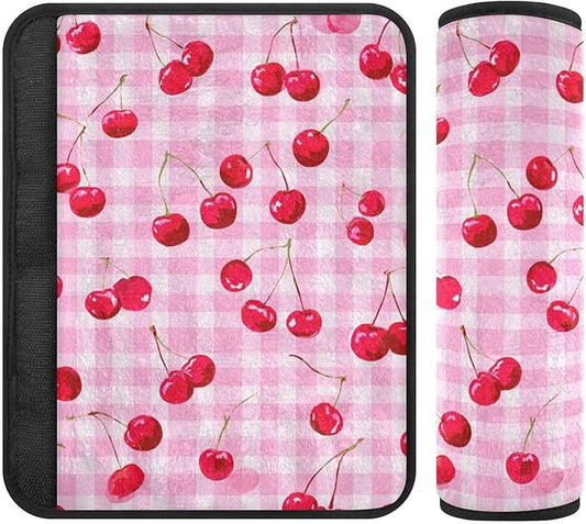 2 Pack Seatbelt Covers Seat Belt Cover Pad for Adults Boys Girls Car Seat Strap Covers Pads Cushion Universal Shoulder Strap Pad Protector for Backpack Camera Bag 6.5 Inch Pink Juicy Checkered Cherry